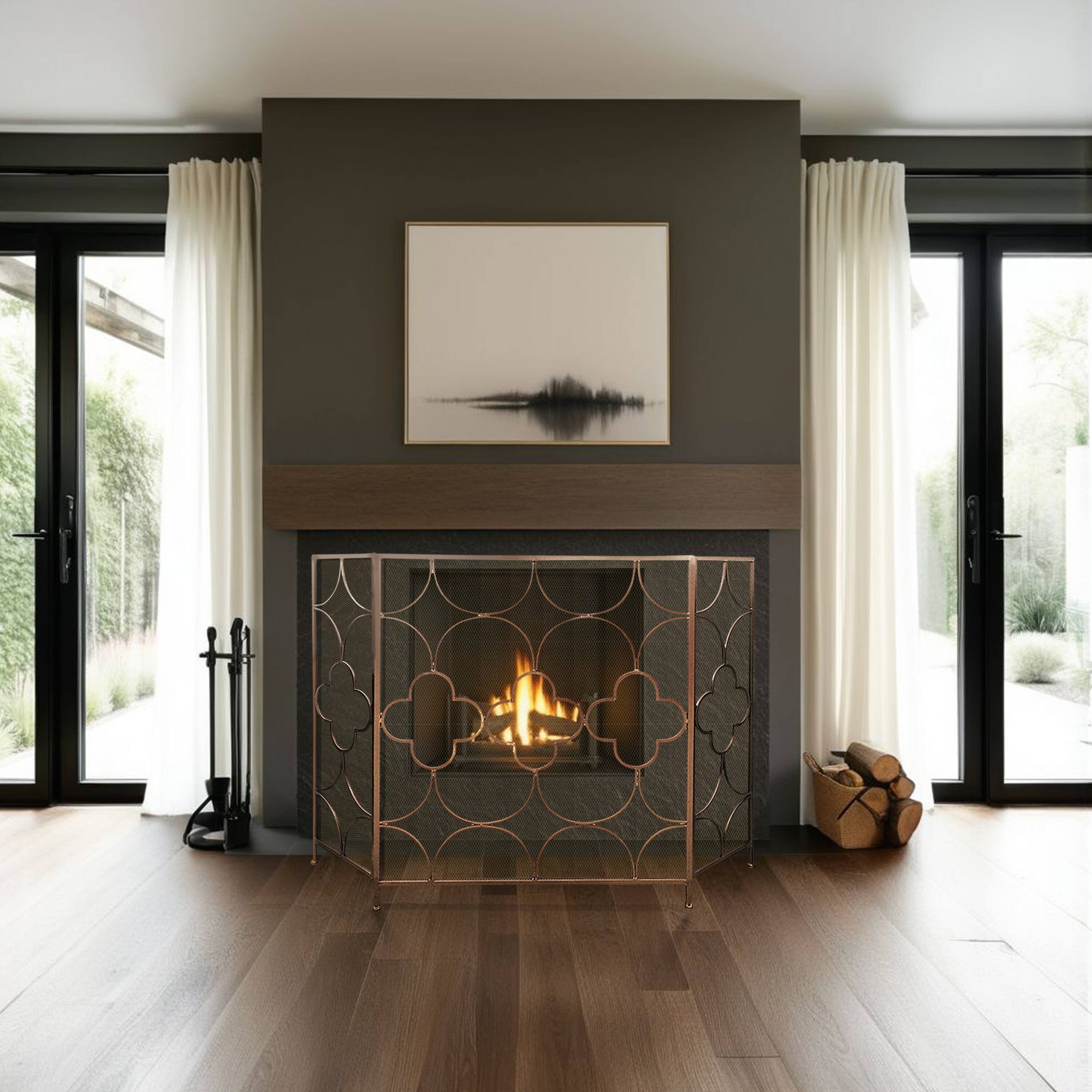 Alt View 9. Manhattan Lane - 50 Inch 3 Panel Metal Fireplace Screen, Quatrefoil Design - Bronze.