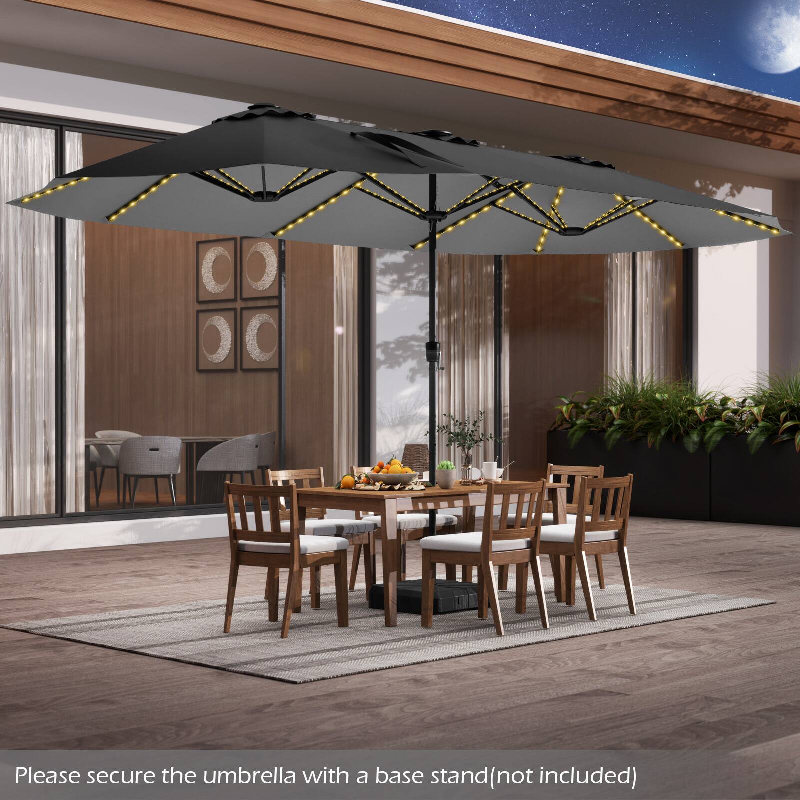 Please secure the umbrella with a base stand (not included)