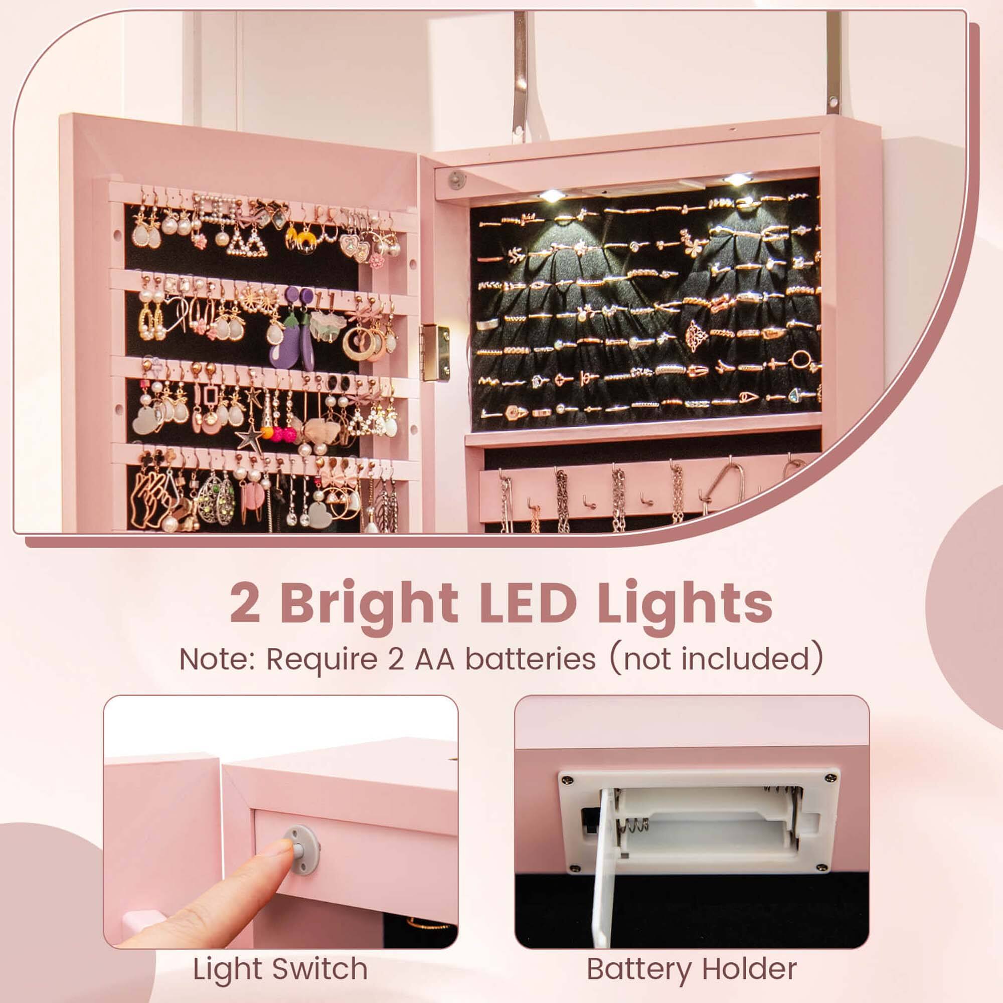 2 Bright LED Lights Note: Require 2 AA batteries (not included) Light Switch Battery Holder