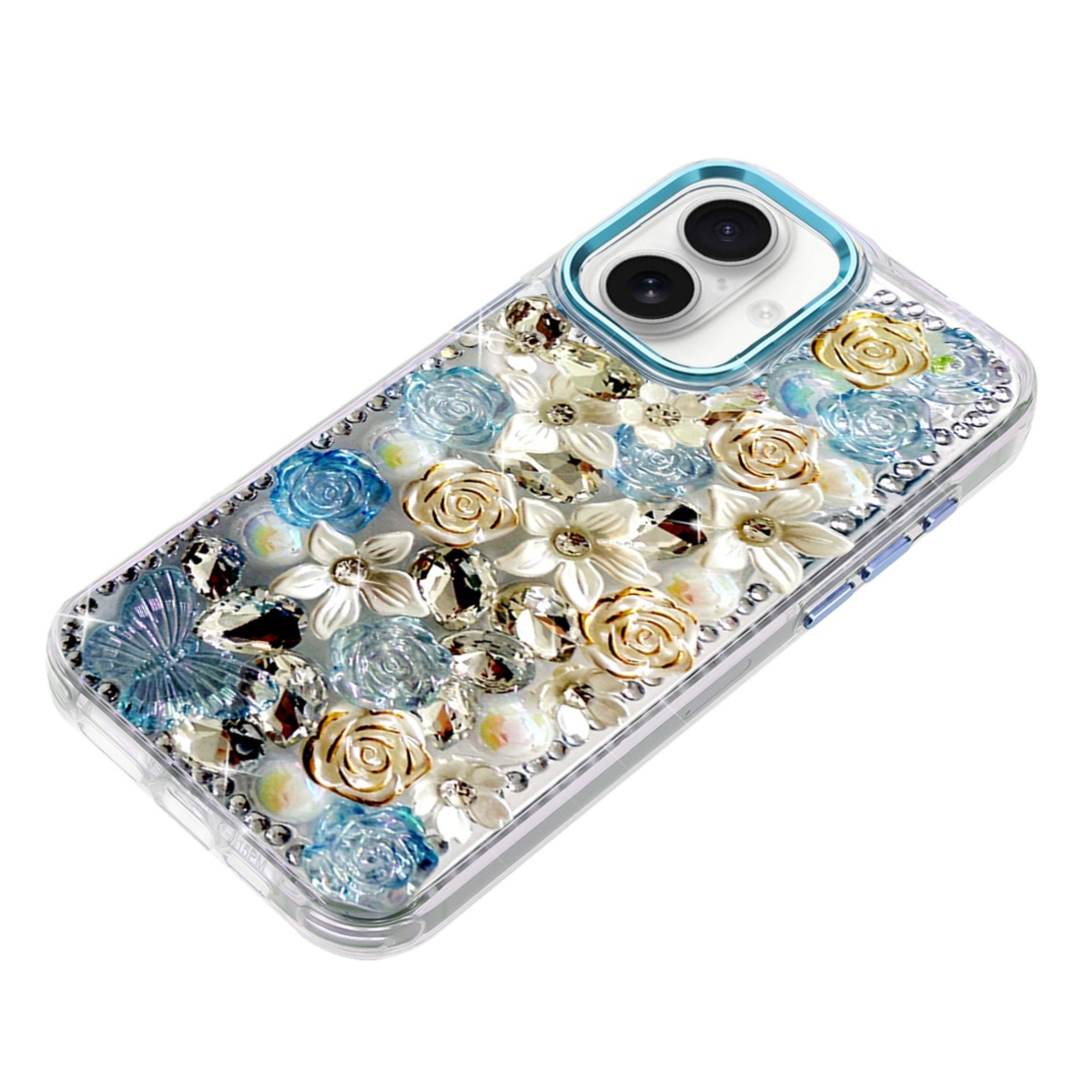 Left. Kitcheniva - Full Floral 3D Bling Jewel Cute Phone Cover Plus Tempered Glass For iPhone 17 Blue - Blue.