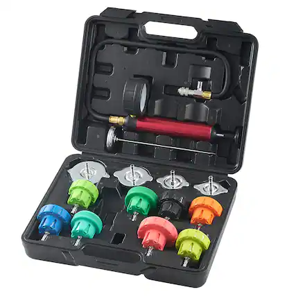 Front. VEVOR - 14 pcs Universal Radiator Pressure Tester Kit, Coolant Pressure Tester Kit with Manual Pump and Color-coded Steel - Black.