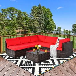Gymax - 6PCS Rattan Outdoor Sectional Sofa Set Patio Furniture Set w/ Cushions - Red