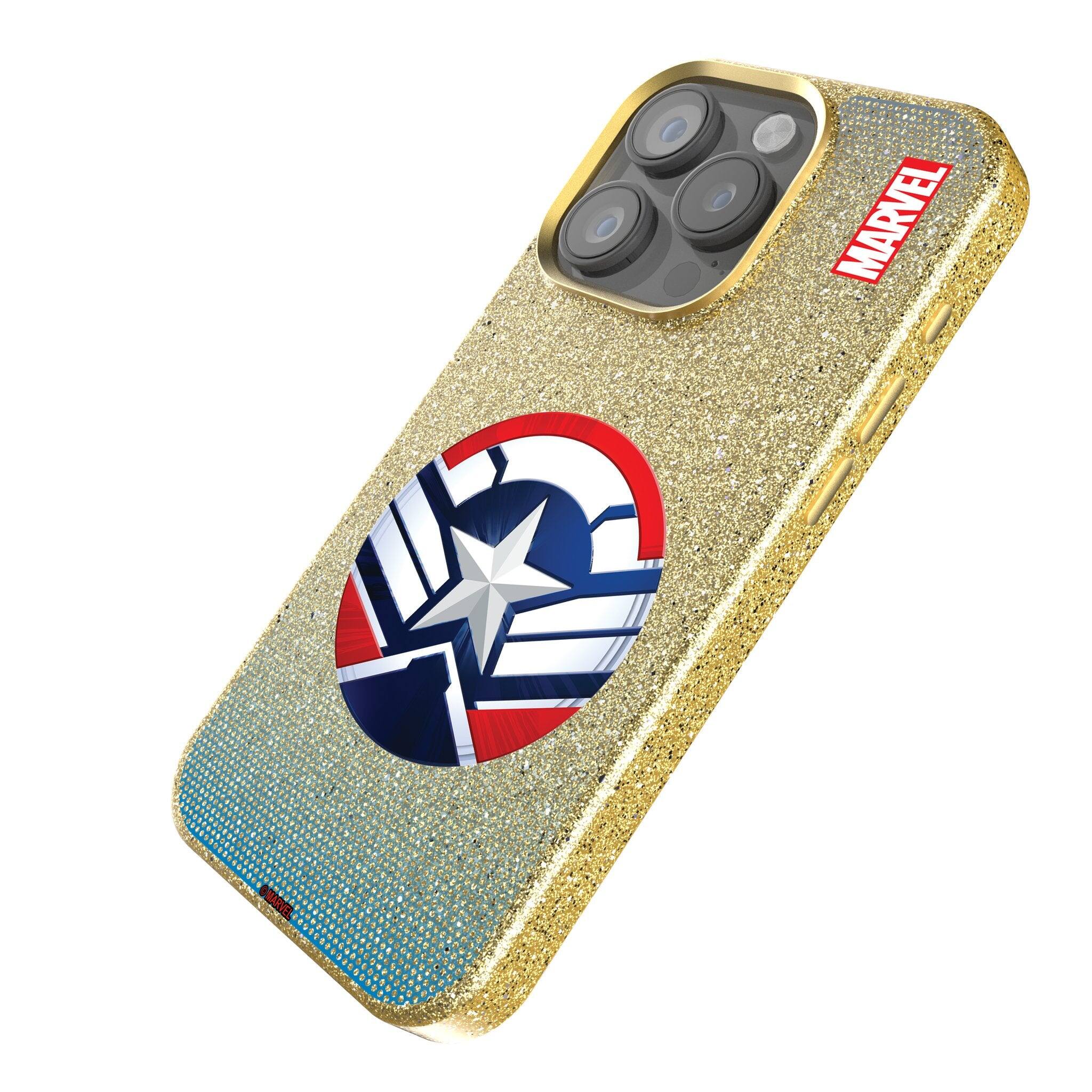 Angle. Keyscaper - Marvel Grid Gold Bling Phone Case - Apple iPhone 15 Pro Max - Sam Wilson Captain America.