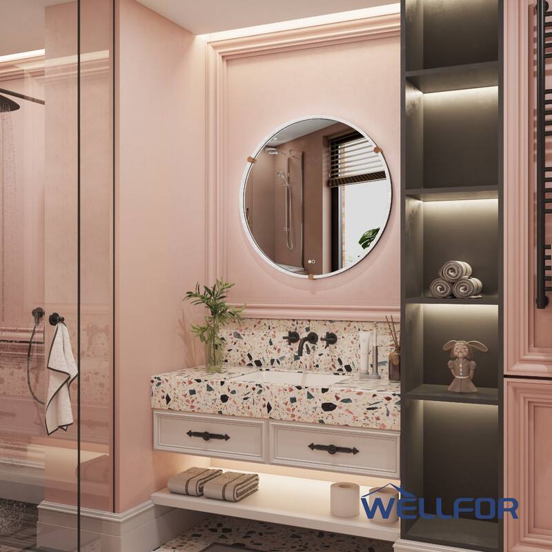 Angle. WELLFOR - 32 in Round LED Bathroom Mirror with Anti-Fog & Memory Function, Wall Mounted Bathroom Vanity Mirror - Chrome.