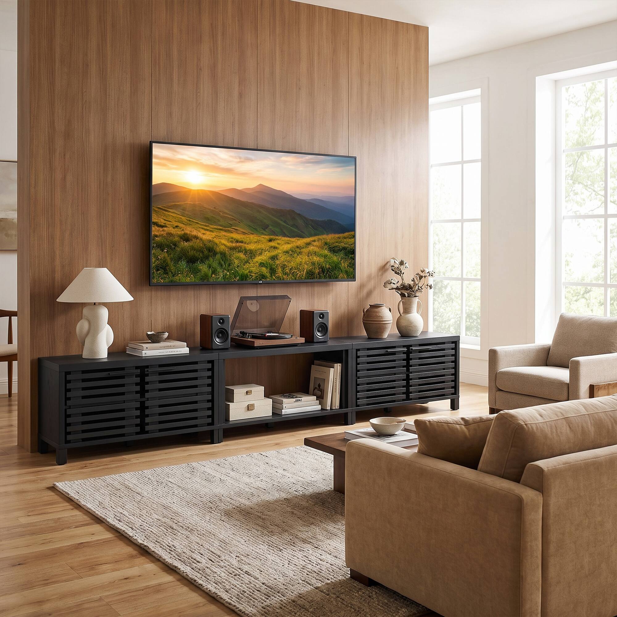 Angle. Ihomeadore - 115" Farmhouse Slatted-Door TV Stand 3 Module Entertainment Center for TVs up to 100'' - Black.