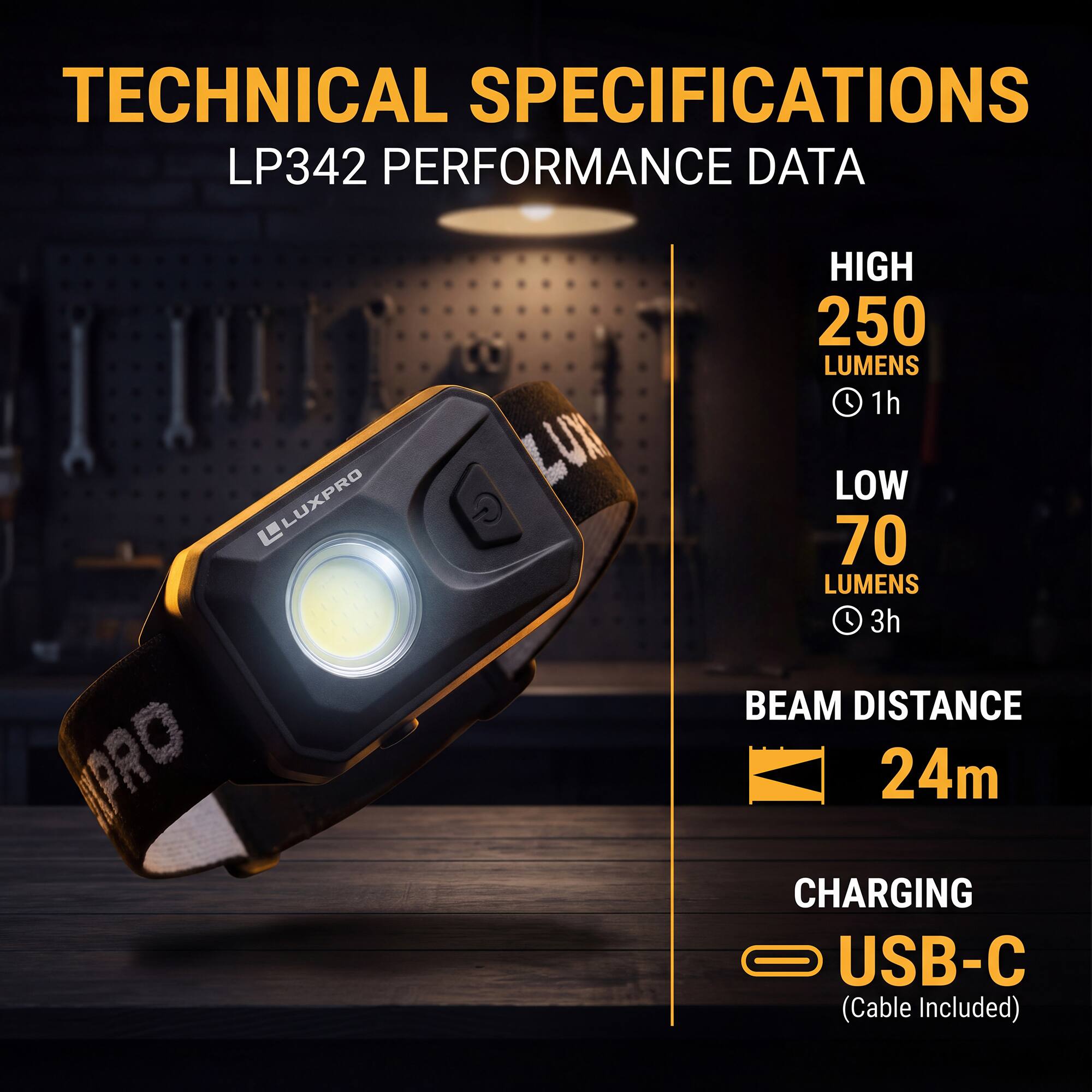 TECHNICAL SPECIFICATIONS  
LP342 PERFORMANCE DATA  

- HIGH: 250 LUMENS, 1h  
- LOW: 70 LUMENS, 3h  
- BEAM DISTANCE: 24m  
- CHARGING: USB-C (Cable Included)