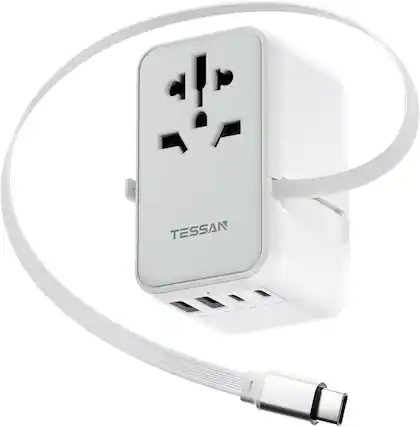 Front. TESSAN - TESSAN Universal Travel Power Adapter 35W GaN with Built-In USB-C Cable - grey&white.