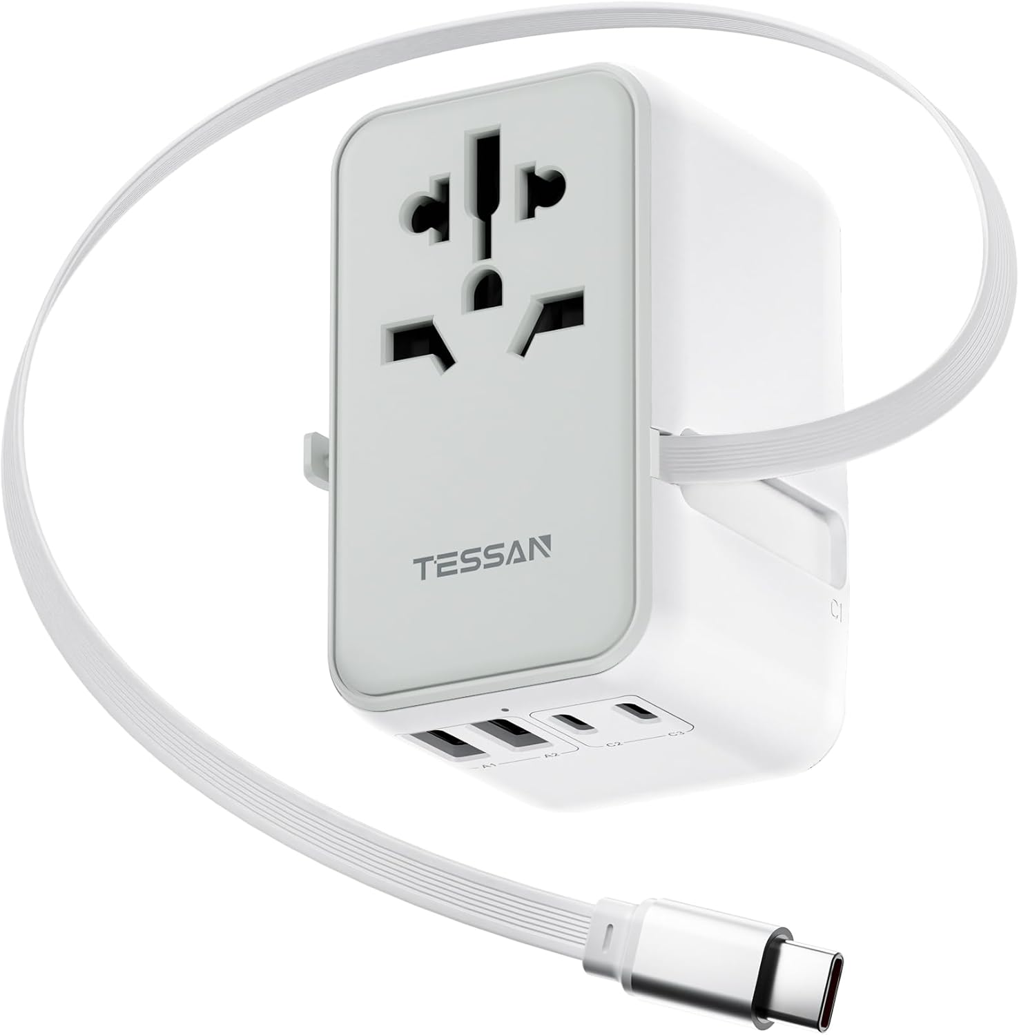 Front. Wikistore - Universal Travel Adapter PD 35W GaN Built in Retractable USB C Cable 6 in 1 Worldwide with 4 USB Ports - White.