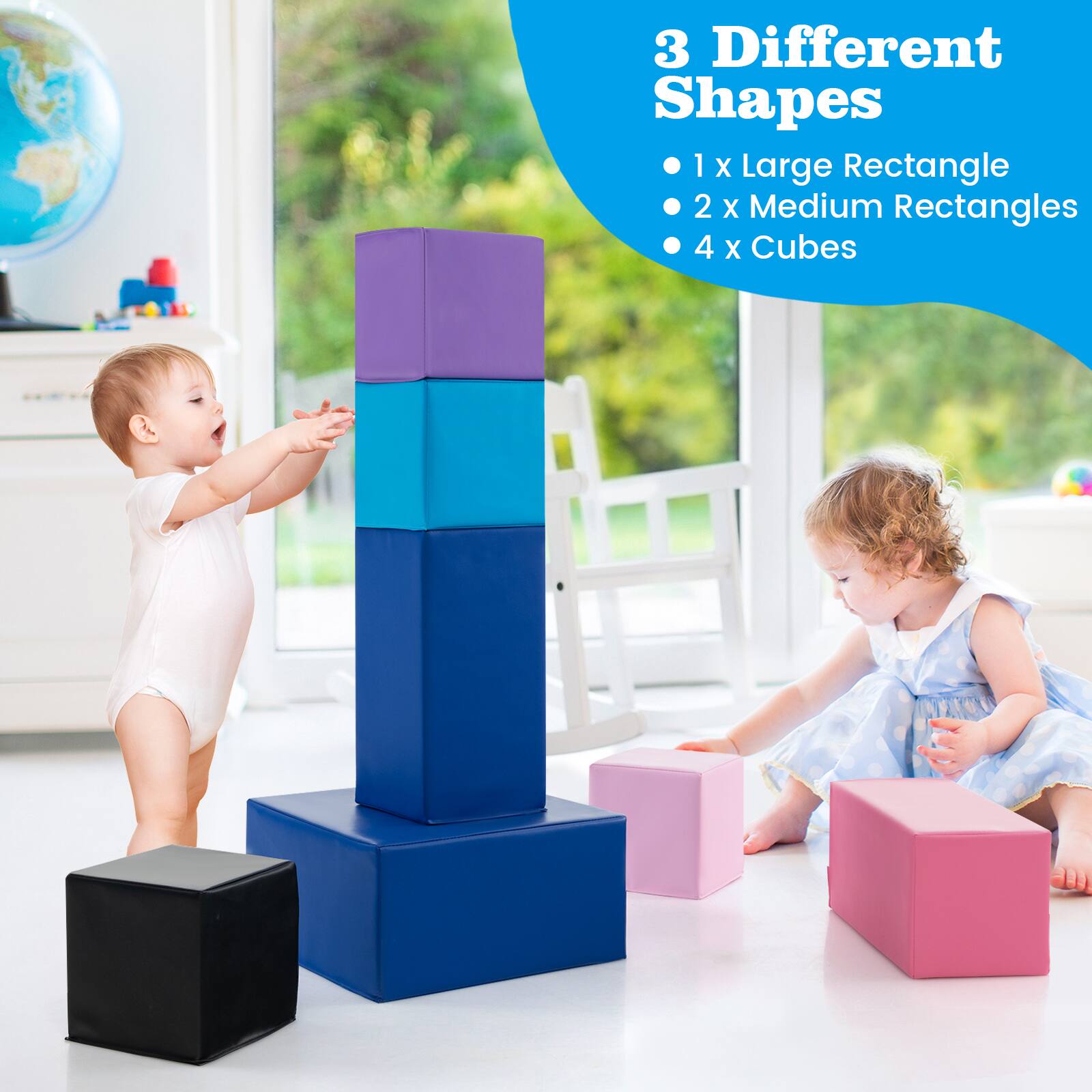 3 Different Shapes  
- 1 x Large Rectangle  
- 2 x Medium Rectangles  
- 4 x Cubes