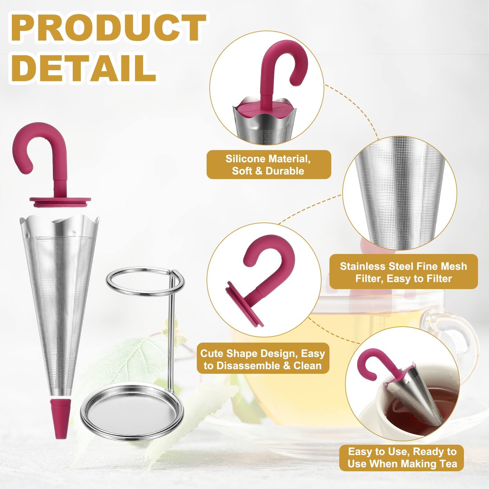 PRODUCT DETAIL

- Silicone Material, Soft & Durable
- Stainless Steel Fine Mesh Filter, Easy to Filter
- Cute Shape Design, Easy to Disassemble & Clean
- Easy to Use, Ready to Use When Making Tea