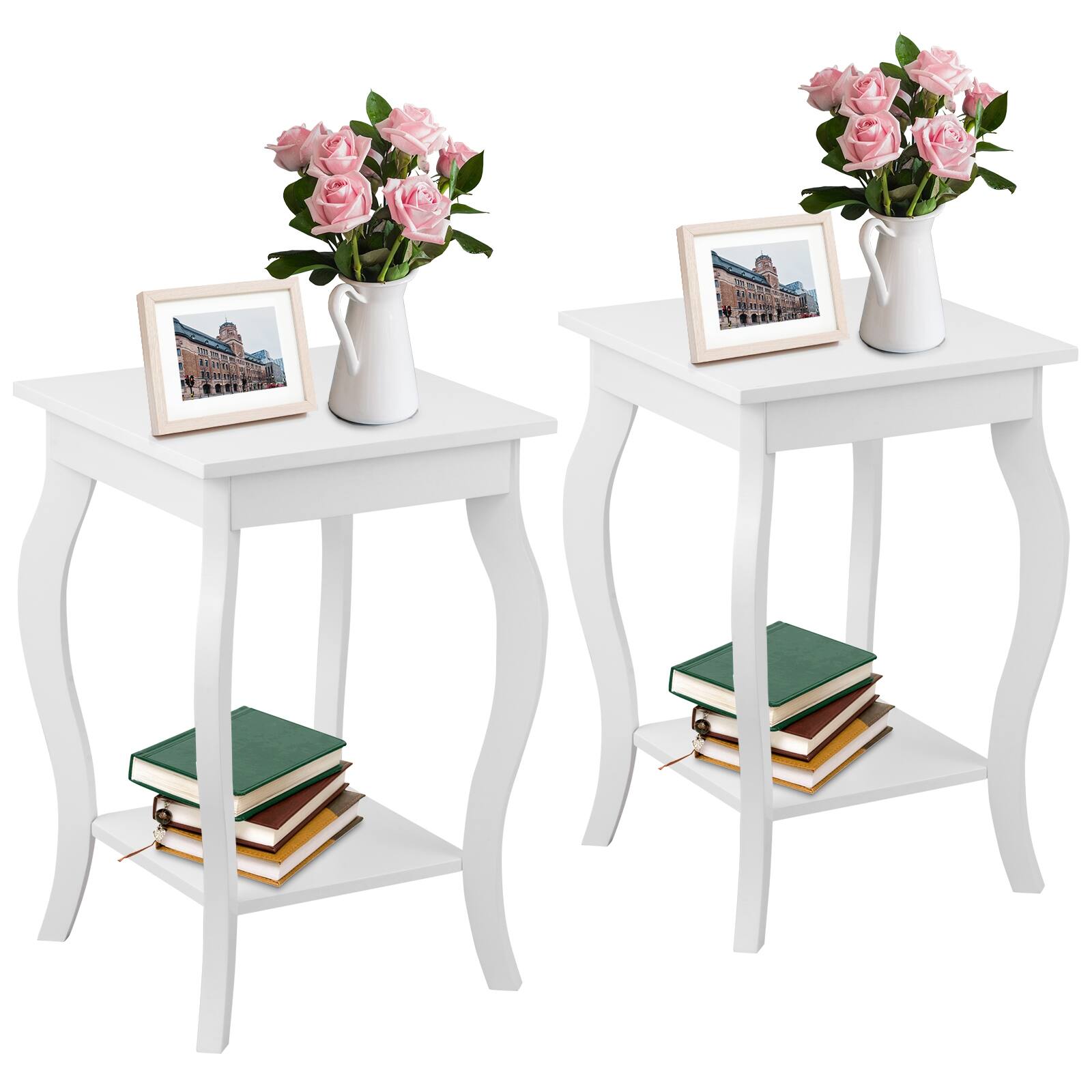 Front. Ecooso - Set of 2 End Side Tables with Open Shelf for Living Room or Bedroom Nightstand Use - White.
