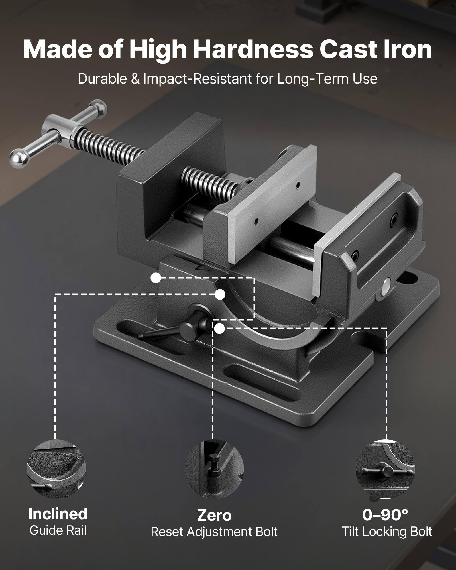 Made of High Hardness Cast Iron  
Durable & Impact-Resistant for Long-Term Use  

- Inclined Guide Rail  
- Zero Reset Adjustment Bolt  
- 0-90° Tilt Locking Bolt