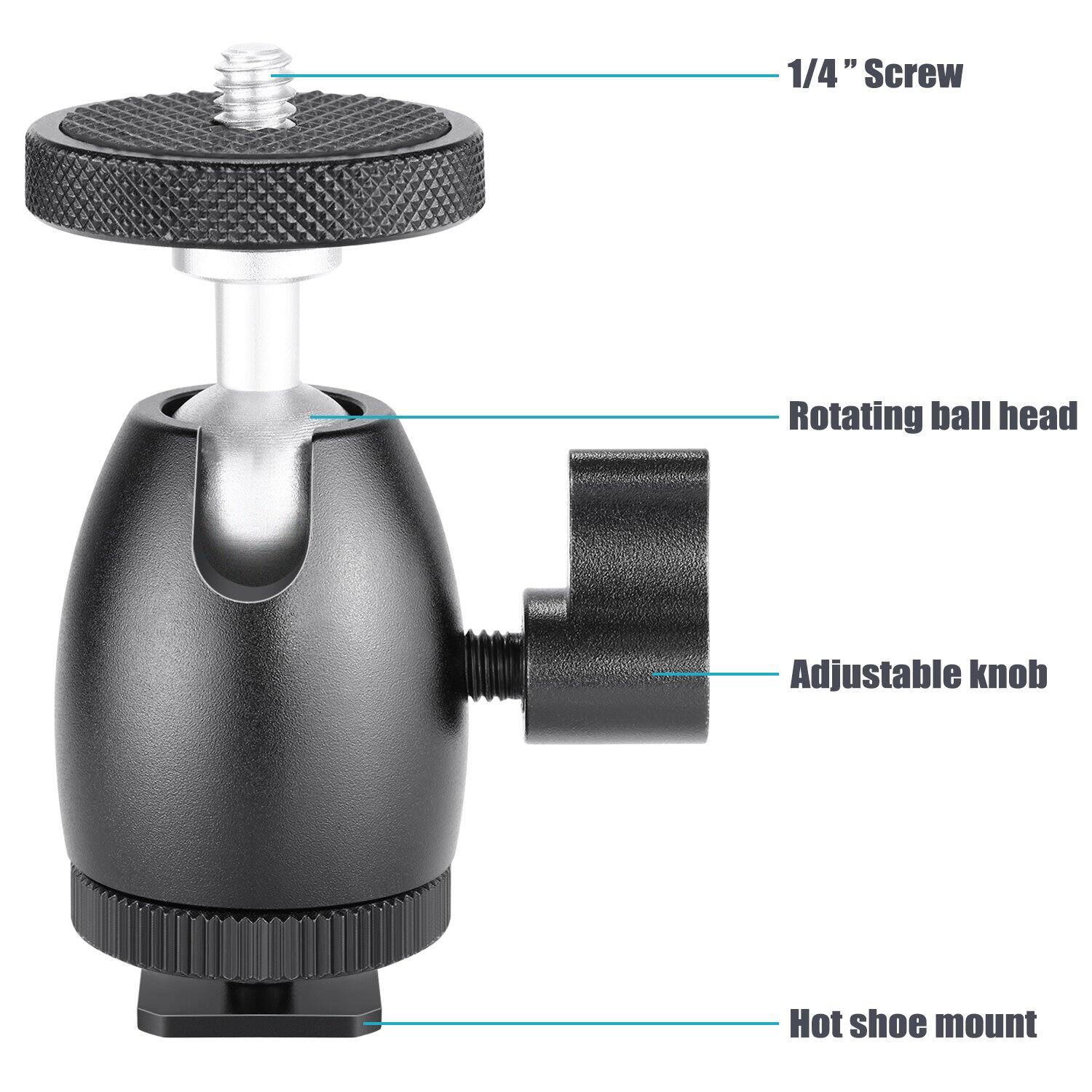 1/4" Screw  
Rotating ball head  
Adjustable knob  
Hot shoe mount