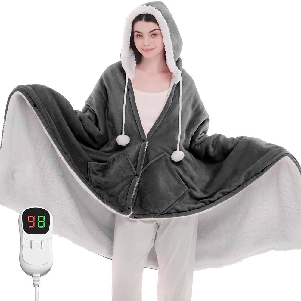 MOSZAR LLC - Wearable Heated Blanket Shawl 40"x70" Flannel, 10 Heat Levels, Auto Off, Grey - Gray
