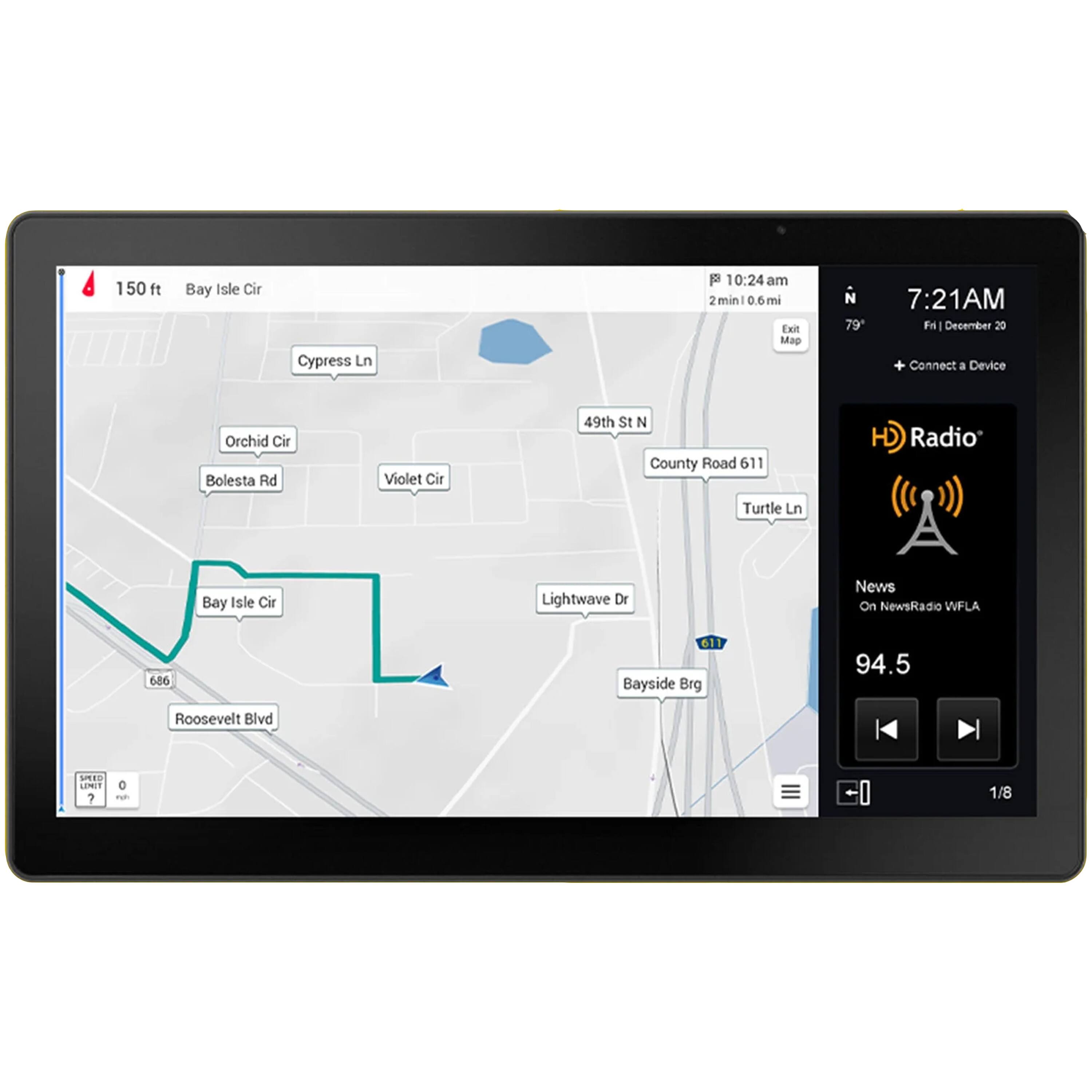 The text on the image is a combination of directions, distances, and estimated travel times. It appears to be a GPS navigation system providing guidance to a destination. The text is grouped as follows:
1. Directions: "150 ft Bay Isle Cir Cypress Ln" and "10:24 am 2 min! 06 mi Exit Map N 79"
2. Distances: "7:21AM Fn December 29" and "49th St N County Road 611 HD Radio Turtle Ln Bay Isle Cir Lightwave Dr News On NewsPadio WFLA 686 61 Bayside Brg 94.5 Roosevelt Blvd E LONUT 0 7 NE 1/8"
3. Estimated travel times: "7:21AM Fn December 29" and "7:21AM Fn December 29 + Connect a Device Orchid Cir Bolesta Rd Violet Cir 49th St N County Road 611 HD Radio Turtle Ln Bay Isle Cir Lightwave Dr News On NewsPadio WFLA 686 61 Bayside Brg 94.5 Roosevelt Blvd E LONUT 0 7 NE 1/8"