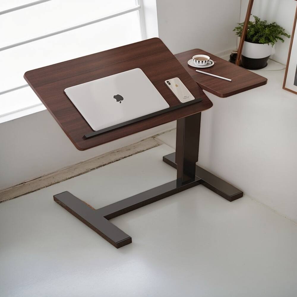 Alt View 6. Loheer - Loheer Walnut Overbed Table Rolling Laptop Stand Adjustable Height Bedside Desk with Hidden Wheels Tilting Tray for Sofa - Walnut.