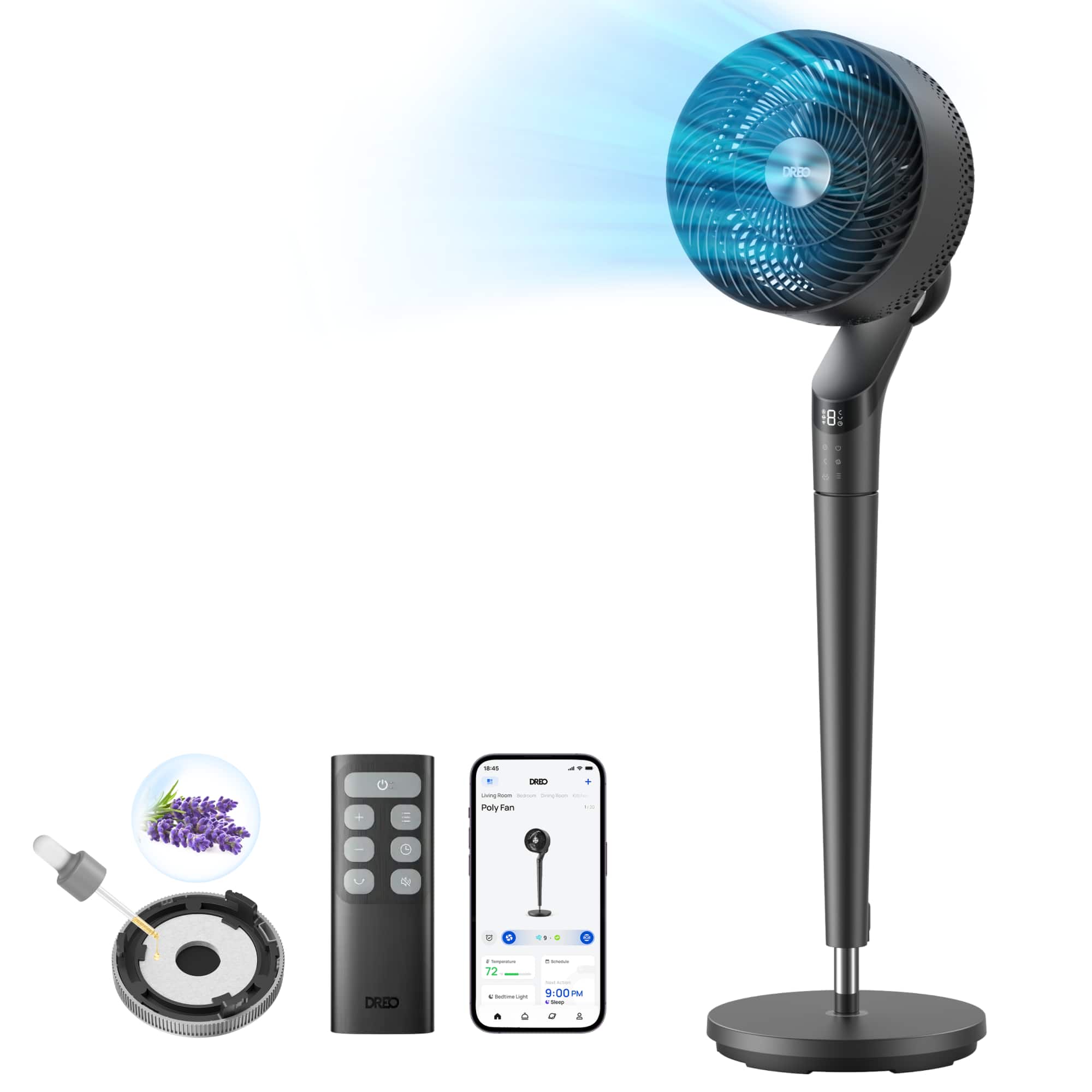 Dreo - 8 in. Smart Pedestal Floor Fan with Remote, 9 Speeds, 20 dB Quiet, 120° 3D Oscillation, 38"-42" Adjustable Height - Gray