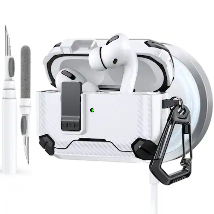 Front. Dteck - Case for Airpods Pro 2nd Gen (2022) with Magnetic Lock,Compatible with Mag Safe,Carbon Fiber Texture Cover + Carabiner - White.