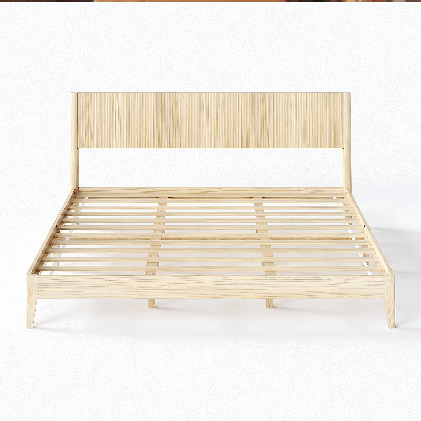 Alt View 5. Winado - Fluted King Size Bed Frame with Headboard, Solid Wood Single Platform Panel Bed with 6 inch Under Bed Storage Space - Natural Wood.