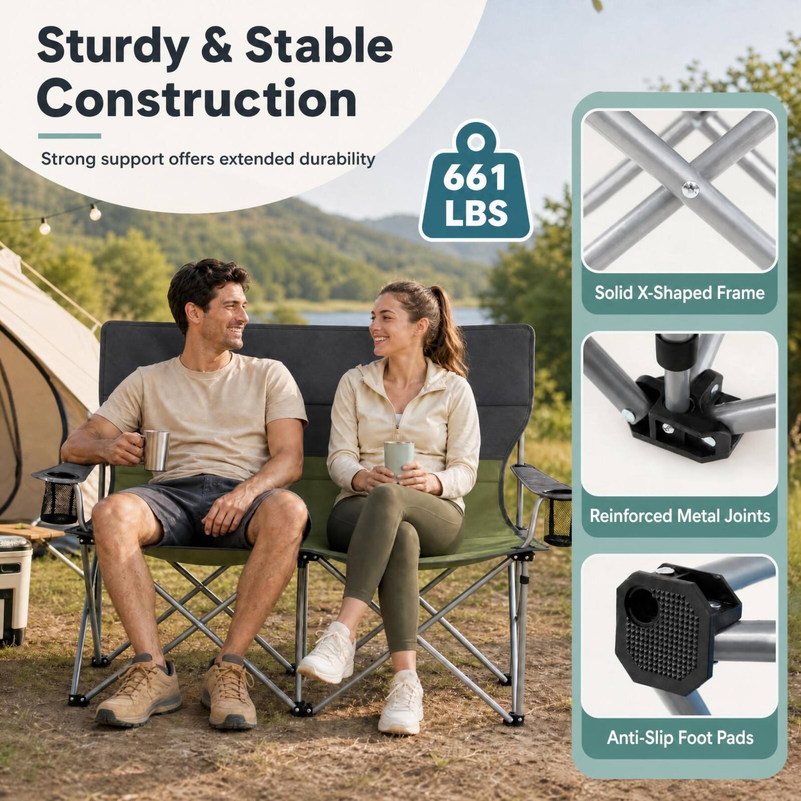 Sturdy & Stable Construction  
Strong support offers extended durability  
661 LBS  
Solid X-Shaped Frame  
Reinforced Metal Joints  
Anti-Slip Foot Pads