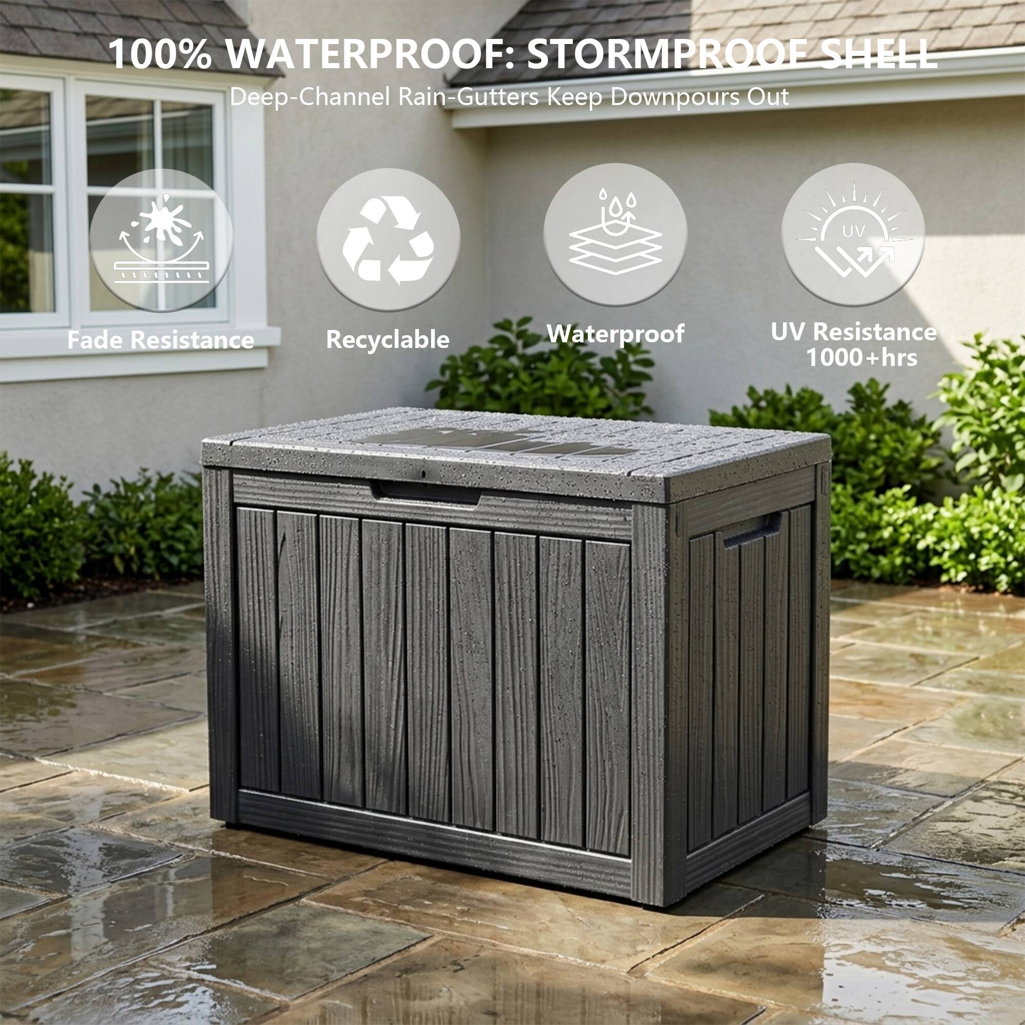 100% WATERPROOF: STORMPROOF SHELL  
Deep-Channel Rain-Gutters Keep Downpours Out  

- Fade Resistance  
- Recyclable  
- Waterproof  
- UV Resistance 1000+ hrs