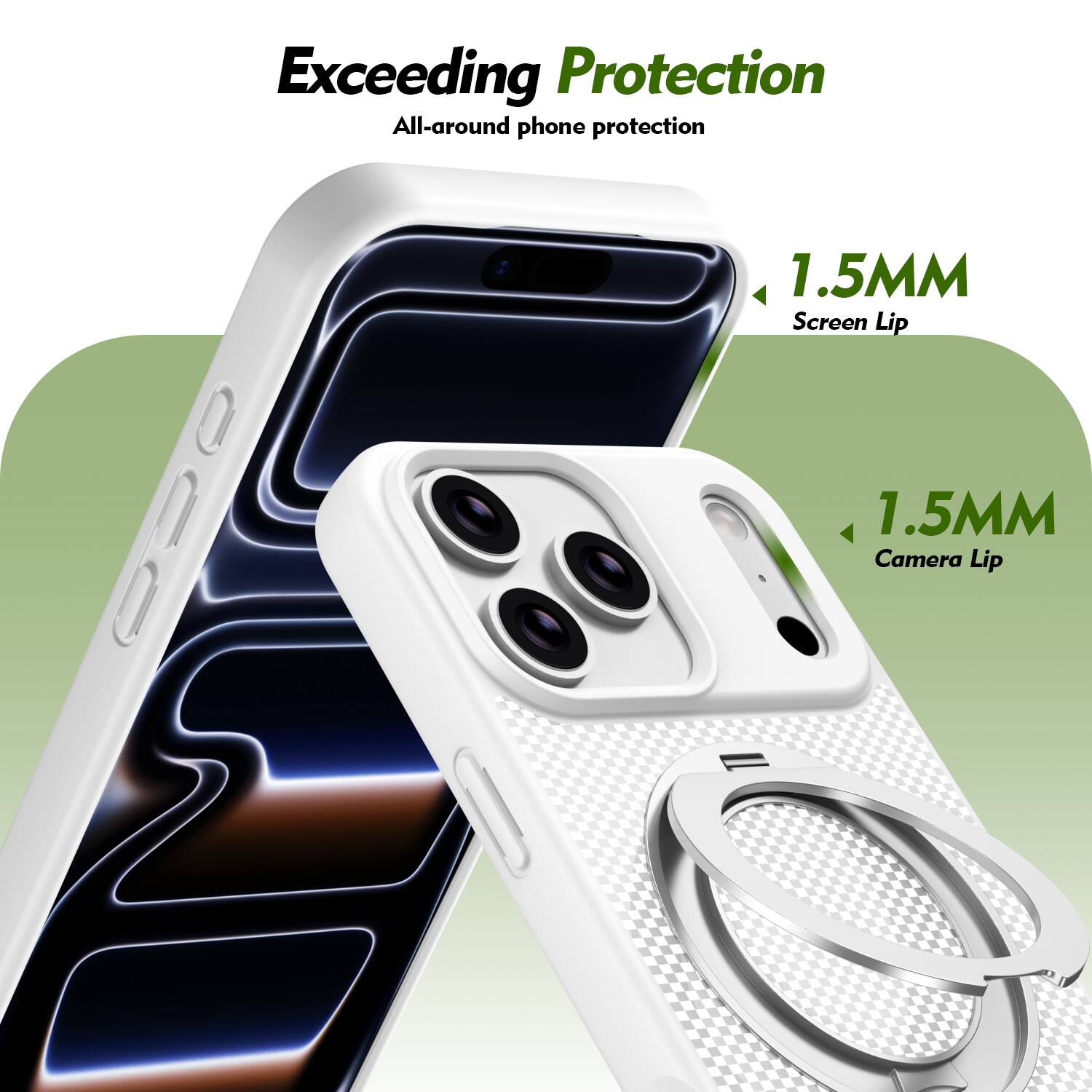Exceeding Protection  
All-around phone protection  
1.5MM Screen Lip  
1.5MM Camera Lip