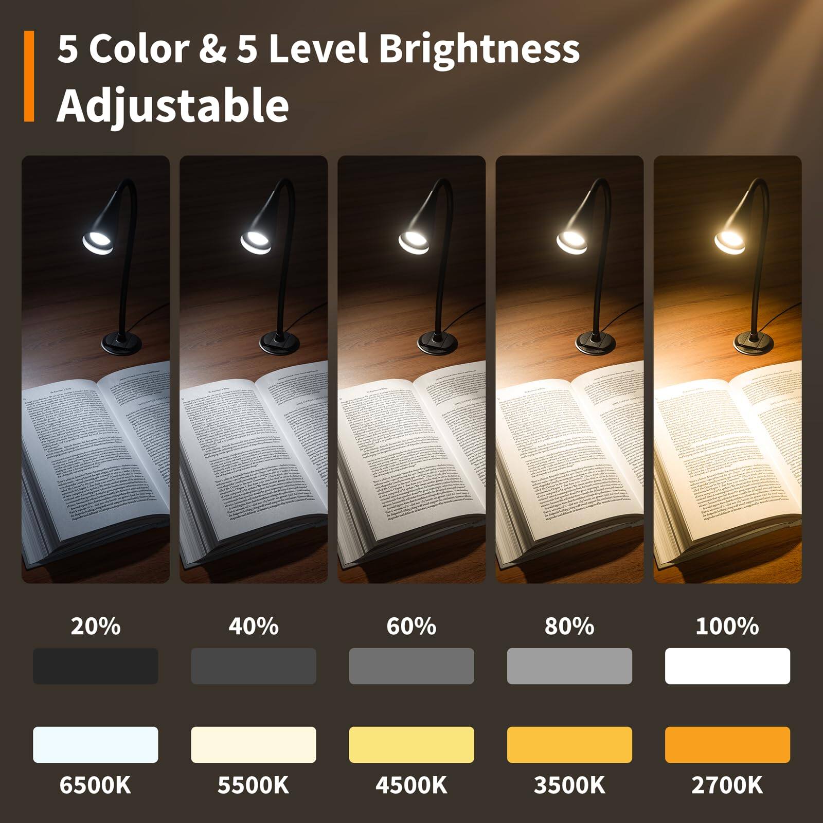 5 Color & 5 Level Brightness Adjustable

20% 40% 60% 80% 100%

6500K 5500K 4500K 3500K 2700K