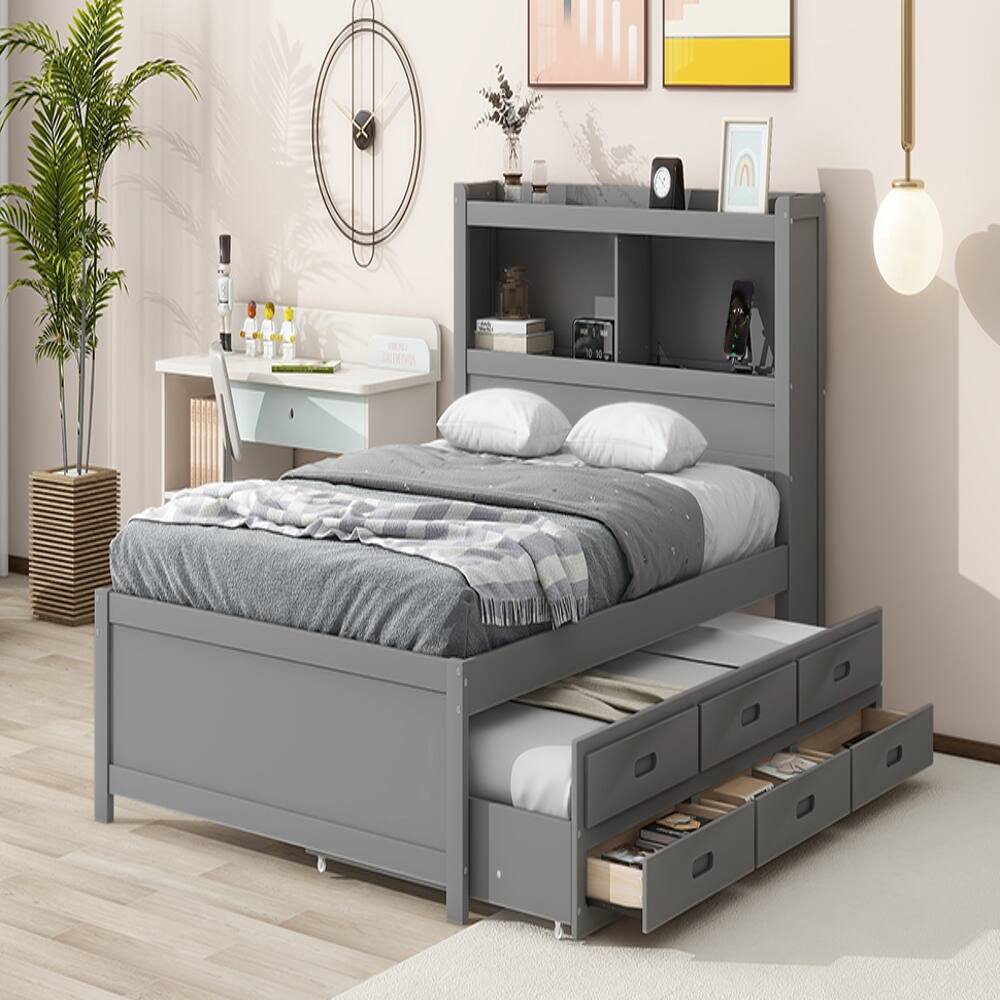 Alt View 3. Loheer - Loheer Full Size Platform Bed with Trundle, Drawers and USB Ports, Gray Captains Bed - Gray.