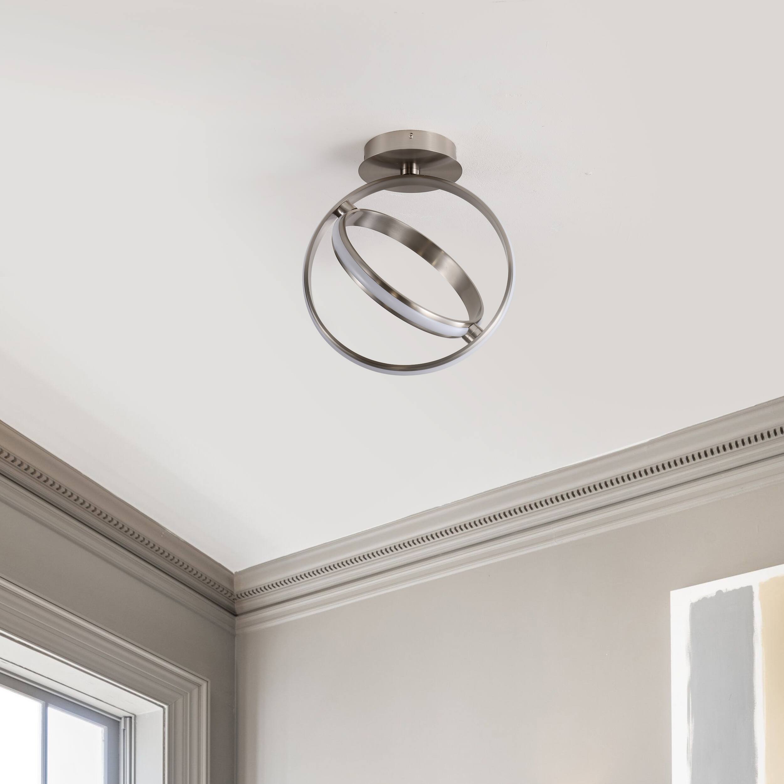Alt View 5. Jonathan Y - Nicole 14.25" 2-Light Modern Minimalist Aluminum Ring Integrated LED Semi Flush Mount, Nickel - Nickel.