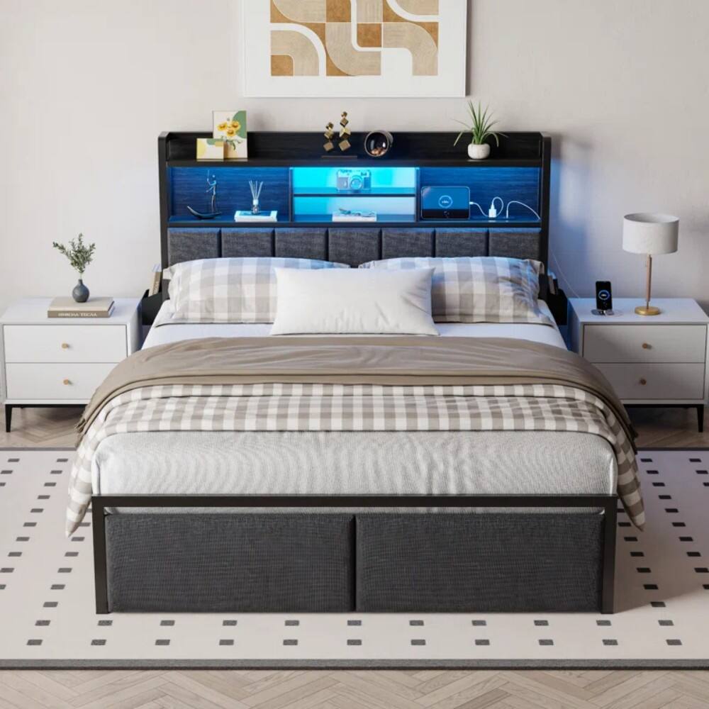 Angle. Furnulem - Upholstered Bed Frame with 2 Storage Drawers Modern Platform Bed with Charging Station & LED Light - Black.