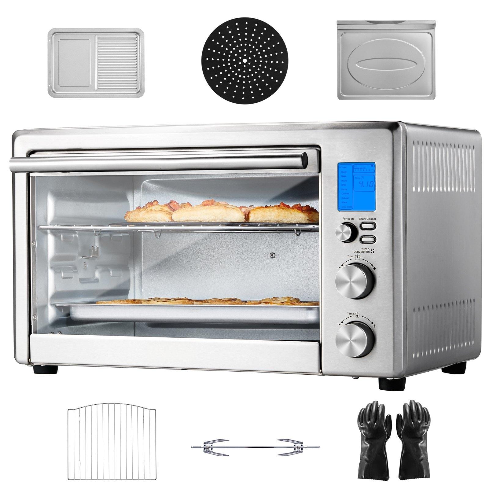 4. 410° Fahrenheit
- Function Start/Cancel
- Timer Countdown
- Temperature Control
- Timer Control
Includes:
- Baking Tray
- Cooling Rack
- Wire Rack
- Tongs
- Oven Mitts