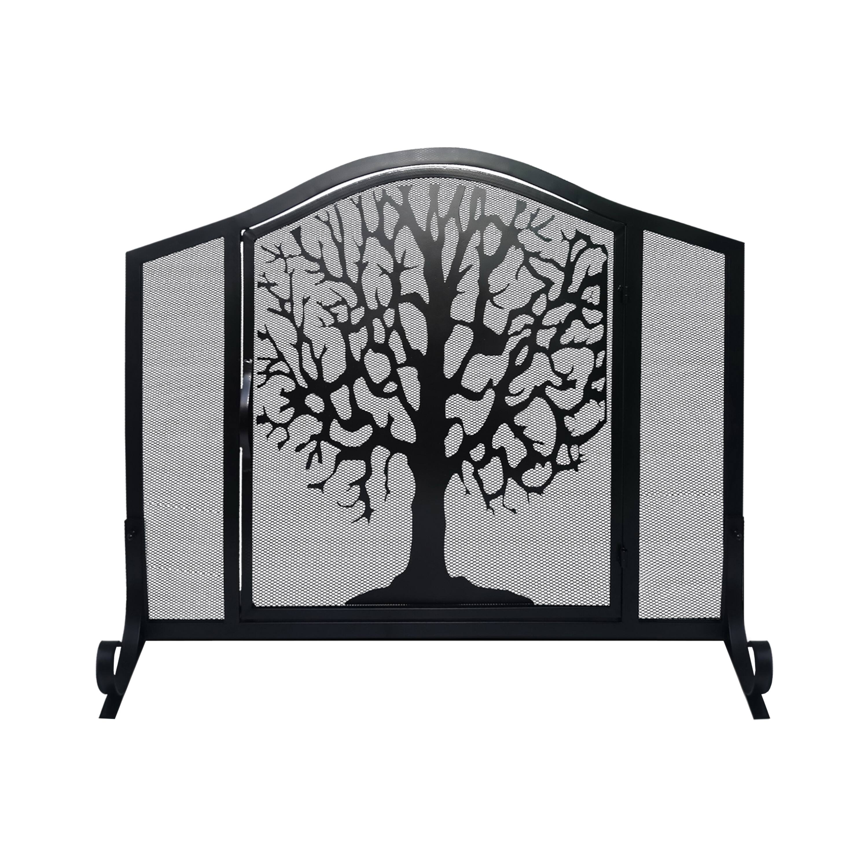 Front. Manhattan Lane - 43 Inches 3 Panel Iron Fireplace Screen, Mesh Design, Arched Top, Tree of Life Art - Black.