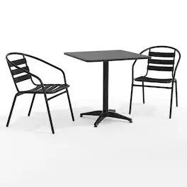 Emma + Oliver - 27.5'' Square Aluminum Indoor-Outdoor Table Set with 2 Slat Back Chairs - Black
