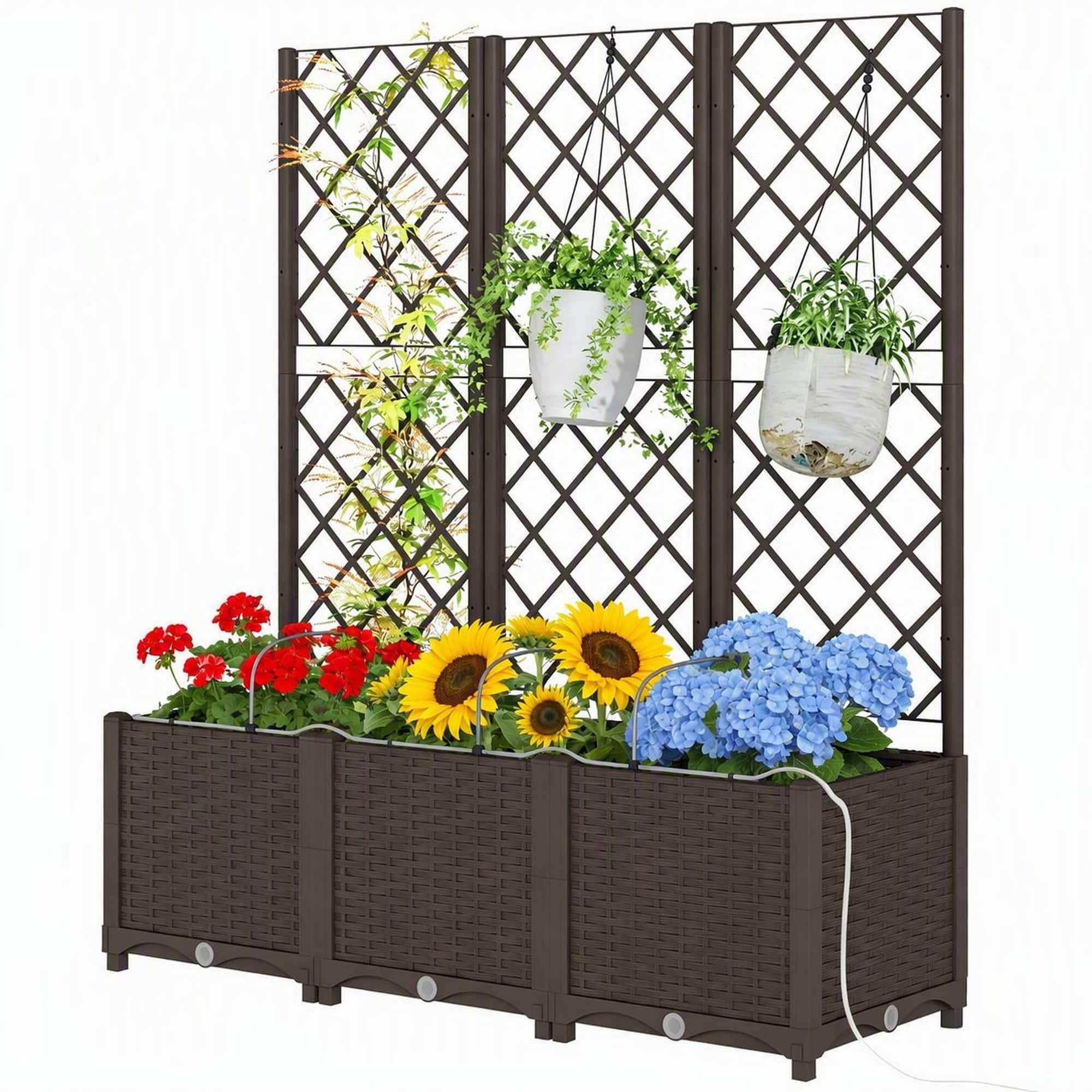RYHNUYNE - Self-Watering Raised Garden Bed with Trellis, 3-Tier Modular Planter Box PP, 47.2x15.7x53.5 Inches - Brown