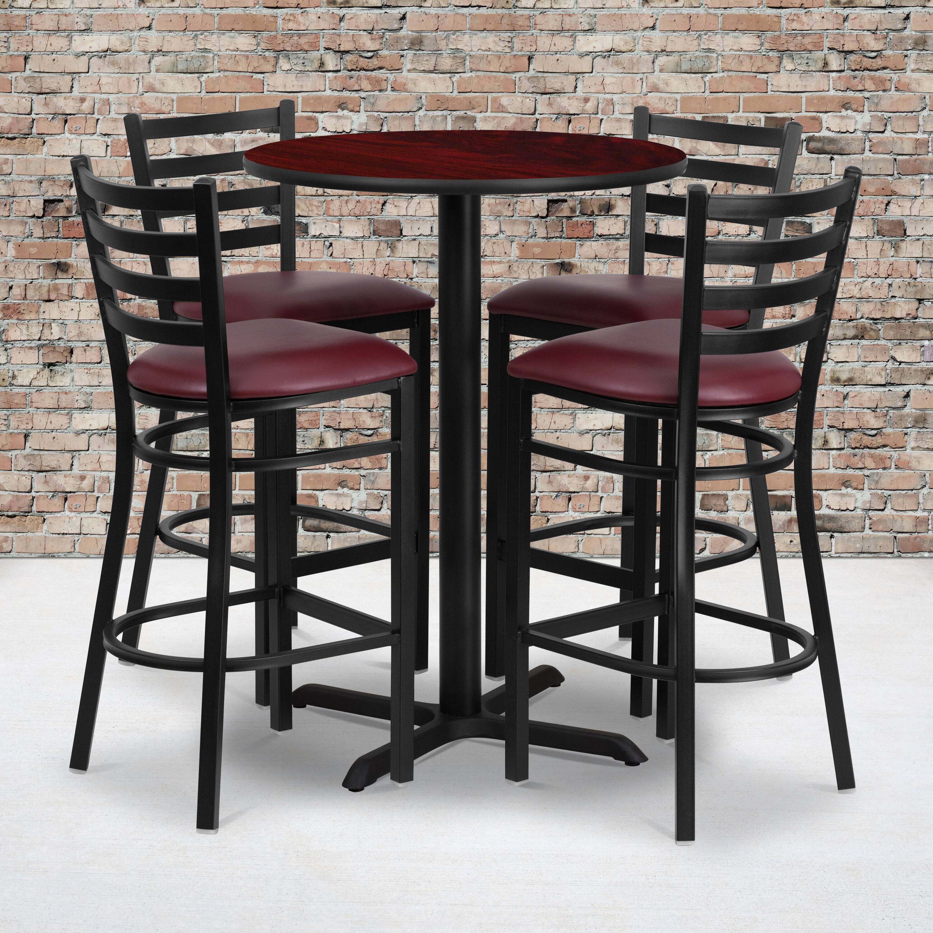 Alt View 1. Emma + Oliver - 30" Round Laminate Table Set with X-Base and 4 Ladder Back Stools - Mahogany Top/Burgundy Vinyl Seat.