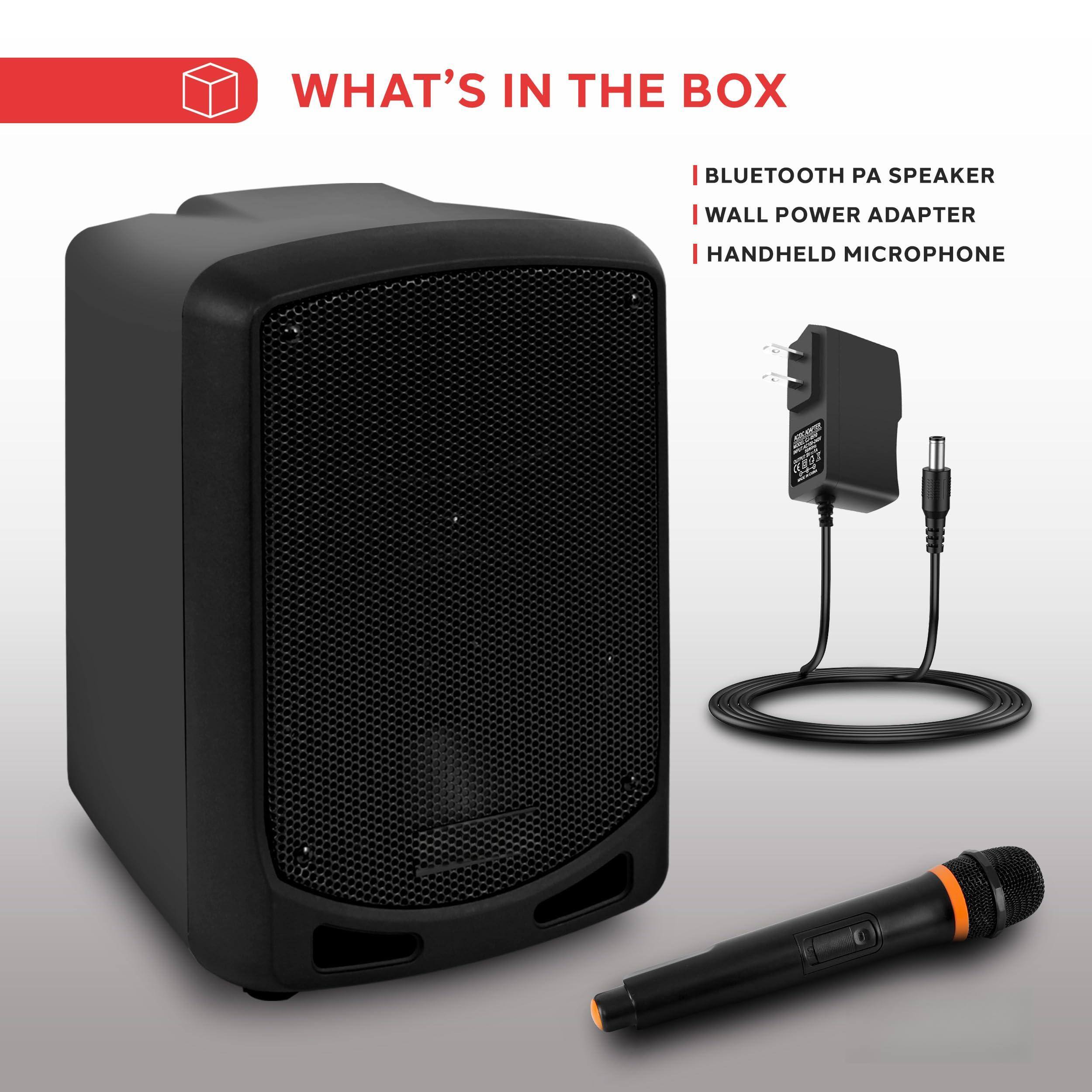 WHAT'S IN THE BOX

- BLUETOOTH PA SPEAKER
- WALL POWER ADAPTER
- HANDHELD MICROPHONE