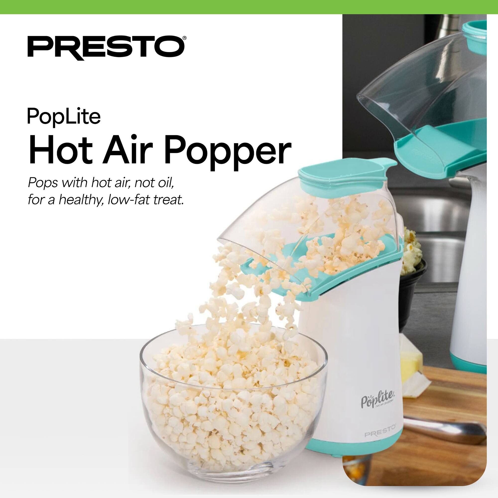 PRESTO PopLite Hot Air Popper Pops with hot air, not oil, for a healthy, low-fat treat.