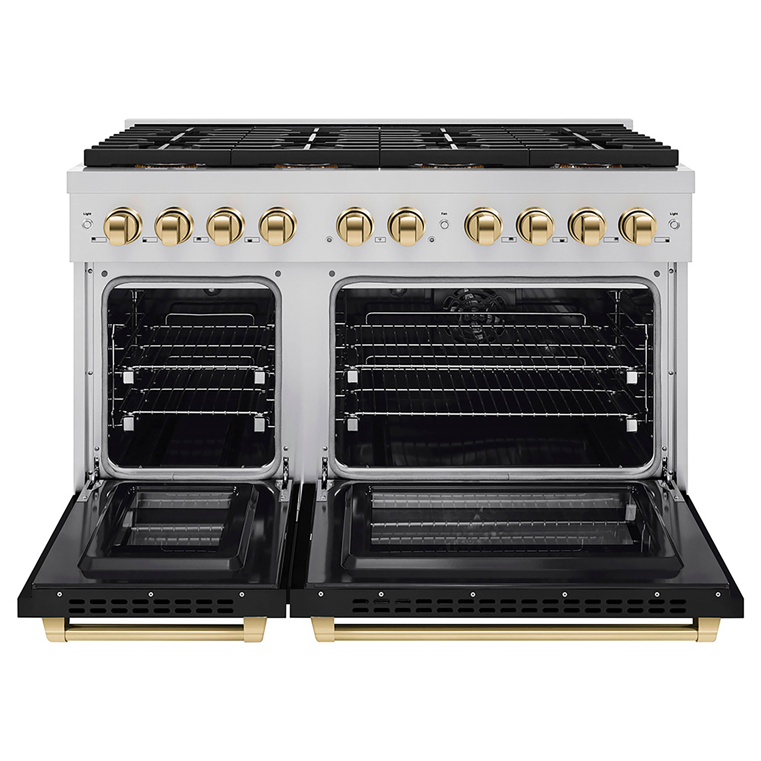 Angle. ZLINE - ZLINE Autograph 48 in. Paramount Dual Fuel Range w/ DuoPro Cooktop & Black Doors w/ Gold Accents (PSDRZ-BLM-48-G) - Stainless Steel with Black Matte Door.