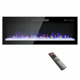 RYHNUYNE - 60 Inch Recessed Ultra Thin Tempered Glass Front Wall Mounted Electric Fireplace with Remote & Multi-Color Flame - Antique Black