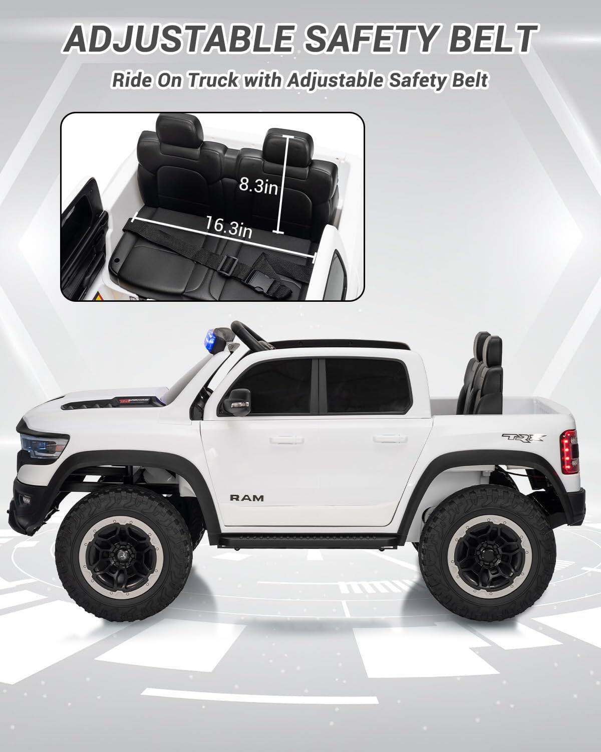 ADJUSTABLE SAFETY BELT  
Ride On Truck with Adjustable Safety Belt  

8.3in  
16.3in  

RAM