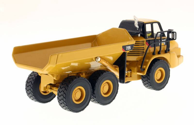 Left. Diecast Masters - CAT Caterpillar 725 Articulated Truck with Operator "Core Classics Series" 1/50 Diecast Model by Diecast Masters - Yellow and Black.