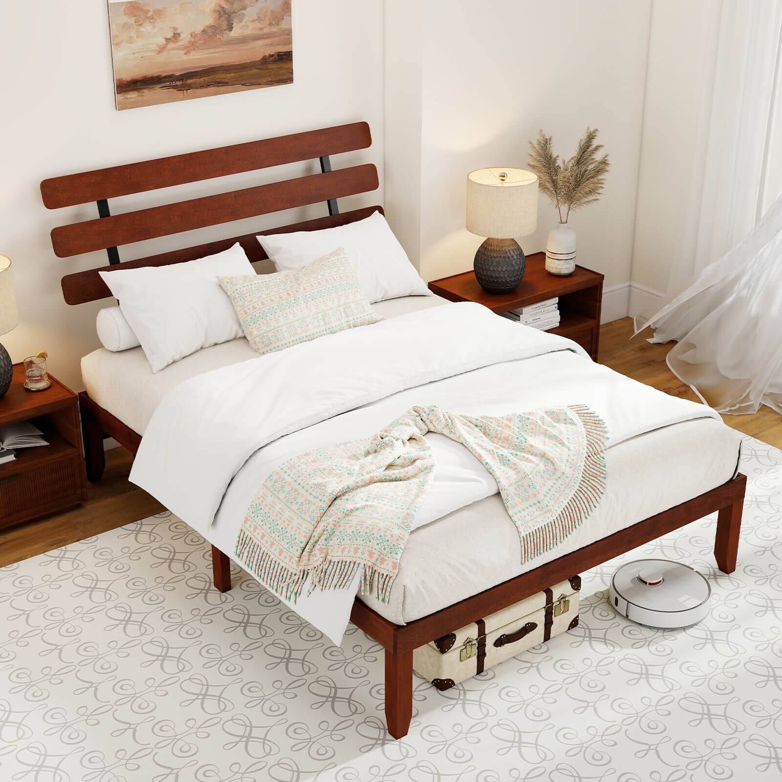 Alt View 4. Costway - Costway 15.5 Inch Queen Size Bed Frame with Retro Headboard &Under-Bed Storage Space - Walnut.