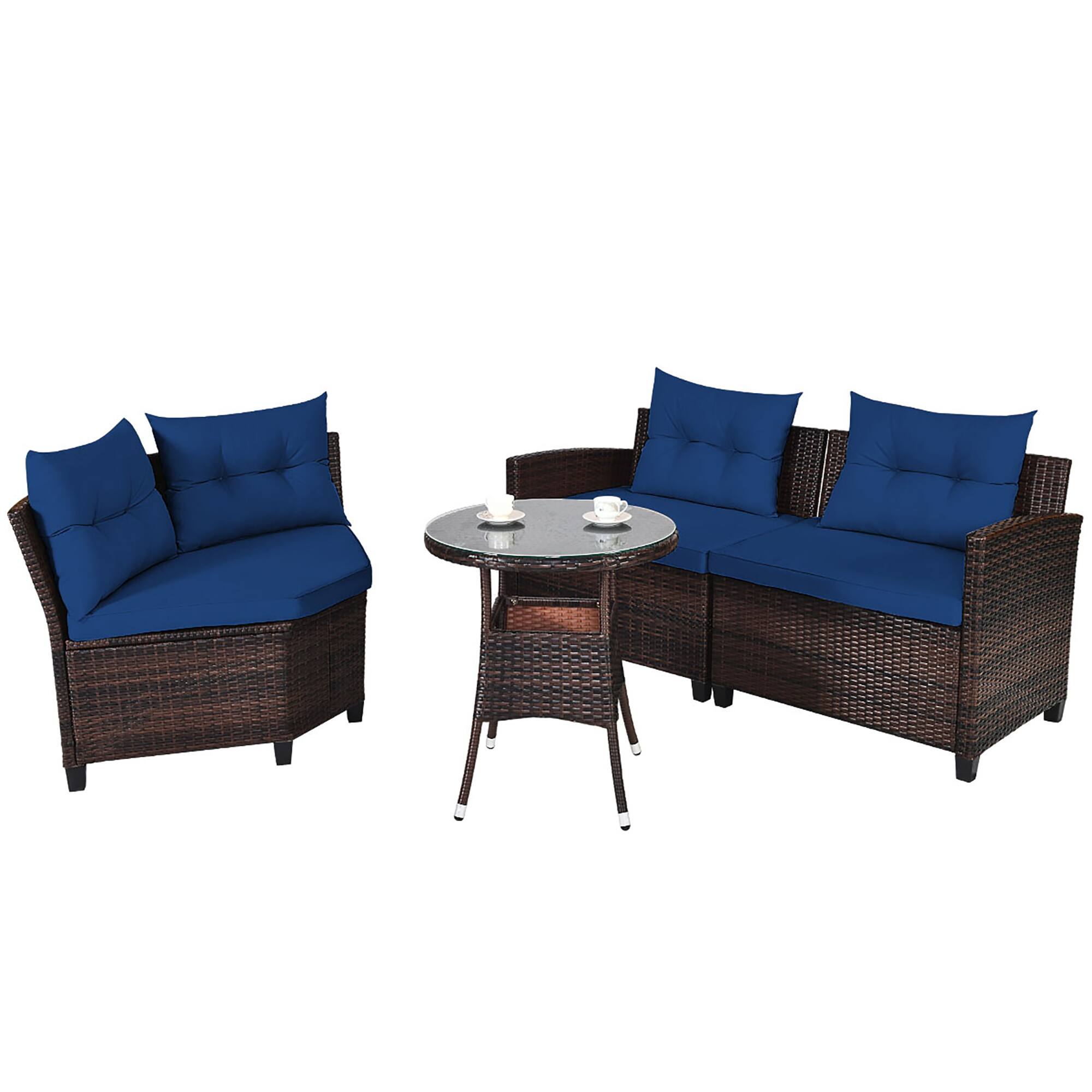 Left. Costway - 4PCS Outdoor Patio Rattan Furniture Set Cushioned Sofa Table - Dark Brown/Navy.