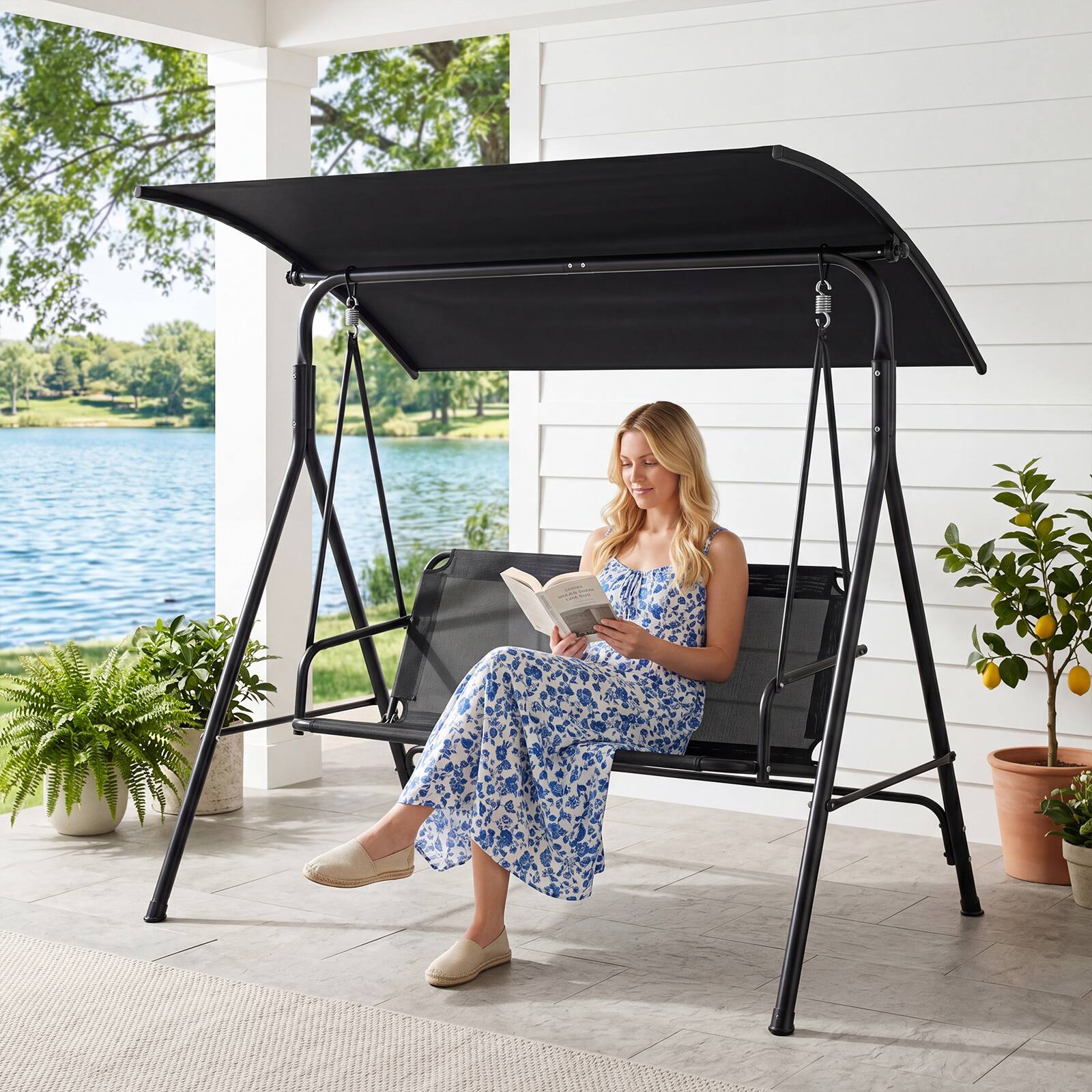 Alt View 1. Costway - Costway 3-Seat Patio Swing Chair with Adjustable Canopy, 800 lbs Heavy-Duty Metal Frame - Black.