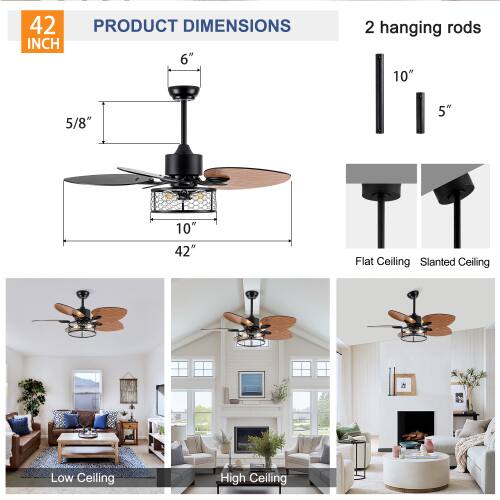 42 INCH

PRODUCT DIMENSIONS

6" 5/8" 5" 10" 42"

2 hanging rods

Flat Ceiling Slanted Ceiling Low Ceiling High Ceiling
