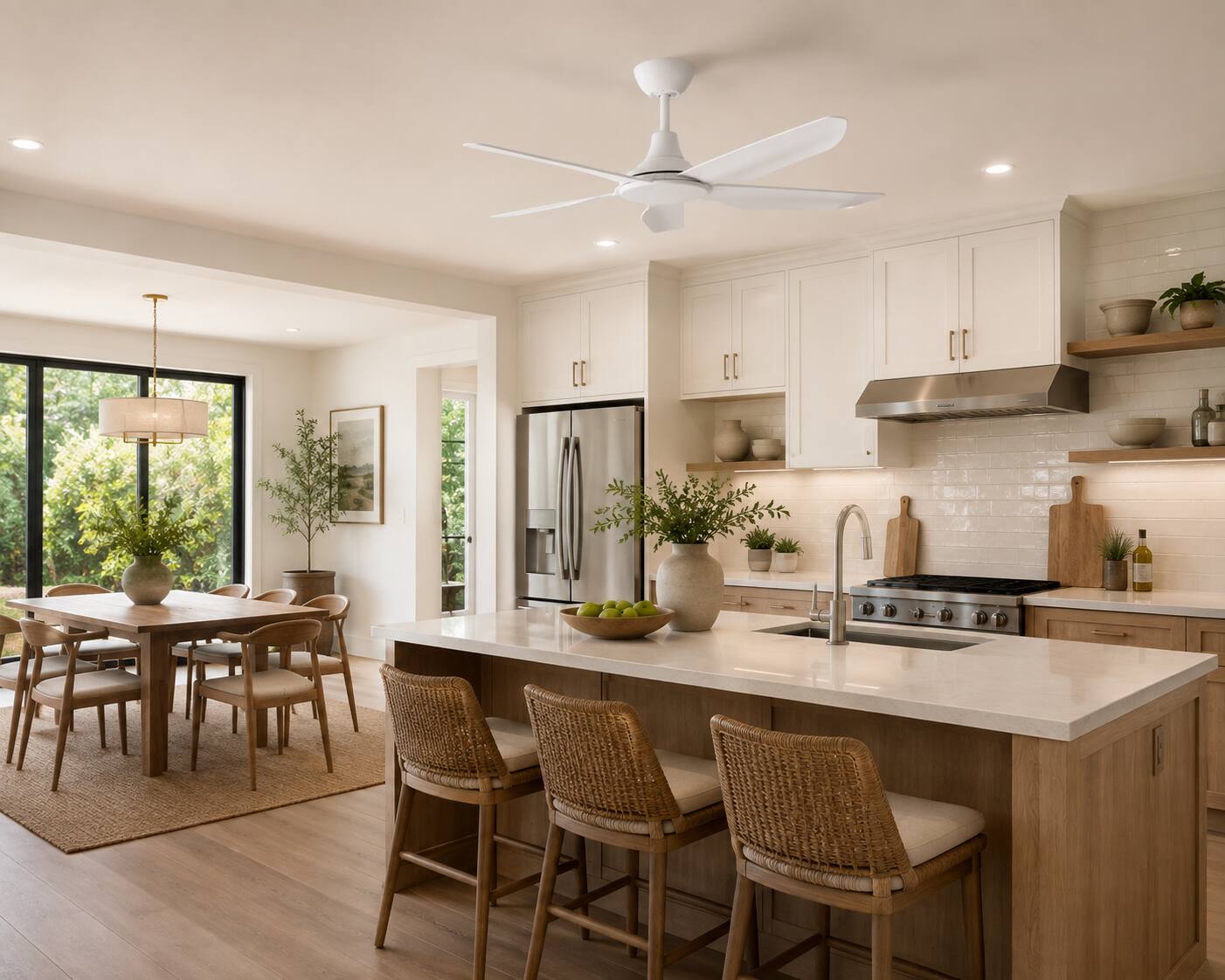 Back. ENLIGHT - 52" Smart Ceiling Fan, IP66 Outdoor/Coastal, Weather Resist, Efficient + Quiet DC Motor, Reverse Mode, Matter, 5 Blades - White.