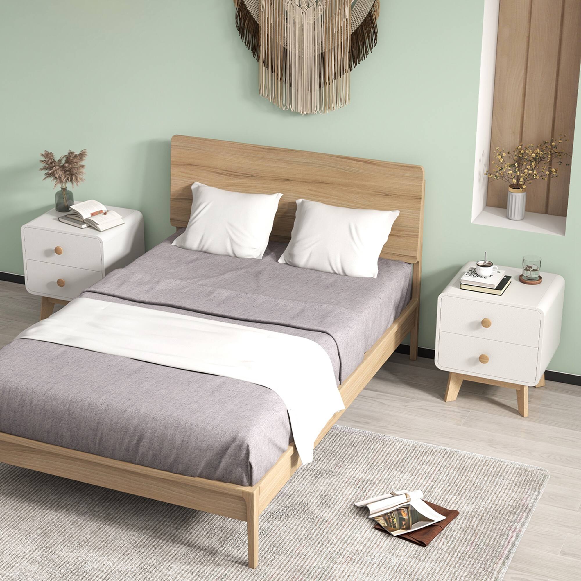 Alt View 1. Costway - Costway 2 PCS Nightstand Mid Century Modern Bedside Table with 2 Drawers Solid Rubber Wood Legs - White.