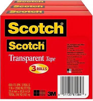 Scotch Transparent Tape
3 Rolls
1 in x 2592 in (72 yd)
25.4 mm x 65.8 m EA
Total 216 yd (197 m)
Scotch Stationery and Office Supplies
3M Center Division
St. Paul, MN 55144-1000
Call toll-free: 1-800-328-6276
www.ScotchBrand.com
© 2013, 3M. All rights reserved. A with globally sourced materials.
3M Scotch Design and of 600-72-3PK
3M Scotch
34-8713-0904
0 51135 81584 7