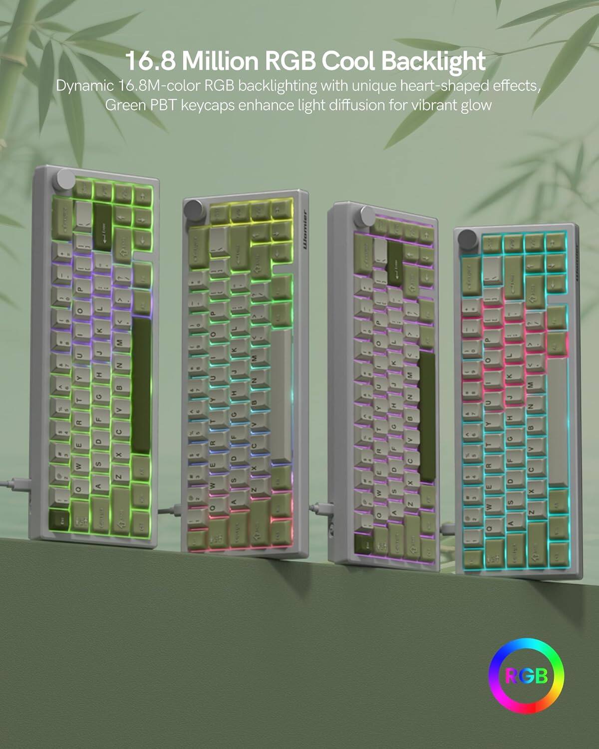 16.8 Million RGB Cool Backlight

Dynamic 16.8M-color RGB backlighting with unique heart-shaped effects, Green PBT keycaps enhance light diffusion for vibrant glow