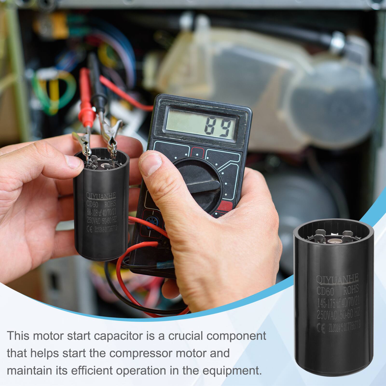 89 QIYUANHE CD60 ROHS 88-108 L 40/70 20 250VAC 50.60 HZ CE 2065

This motor start capacitor is a crucial component that helps start the compressor motor and maintain its efficient operation in the equipment.

QIYUANHE CD60 ROHS I 45-175 if 40770 21 250VAC 60-60 H2 CE 712024 007766778